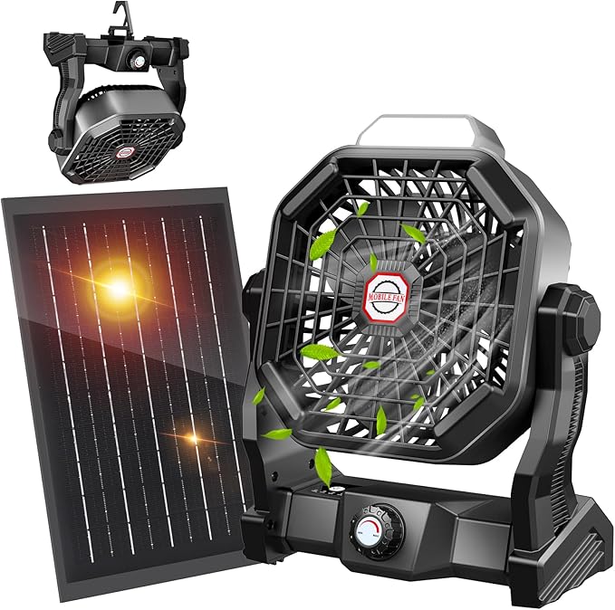 10400mAh Solar Fan with LED Lantern, Camping Fan with 7W Solar Panel, Rechargeable Solar Powered for Outside, Quiet Battery Operated Tent for Picnic, Barbecue, Fishing, Travel