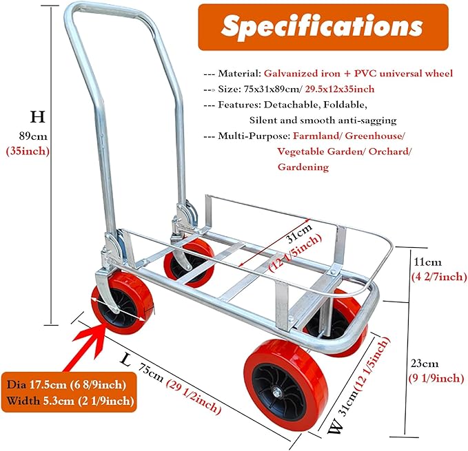 Flexible Warehouse Farming Campsites Flatbed TransportationTruck Dollys with Silent Wheels, Foldable Farm Utility Carts Trolleys 440lbs, Easy to Store