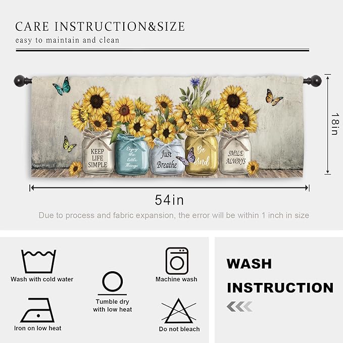 Miyotaa Rustic Sunflower Farmhouse Kitchen Curtain Valance 54W x 18H Rod Pocket Quotes Motivational Inspirational Country Vintage Window Treatment for Living Room Bedroom Bathroom