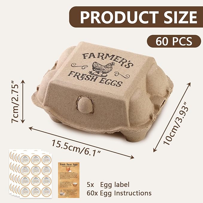 60 Pack Egg cartons 2x3 Style Half dozen egg cartons Bulk 6 Count Reusable Paper pulp egg storage tray Sturdy egg containers with instruction cards and stickers for Family Farm Market