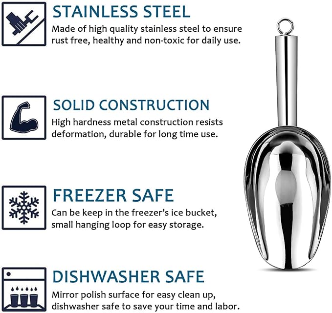 8 Ounce Ice Scoop Set of 2, E-far Stainless Steel Scoops for Ice Cube/Candy/Flour/Sugar, Metal Utility Scoops for Party, Baking, Kitchen Pantry, Rust Free & Dishwasher Safe