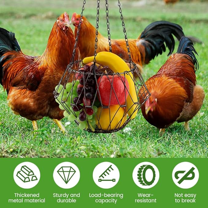 Hanging Chicken Feeder, 9.2 inches Large Poultry Vegetable Fruits Feeder Basket with 4Pcs Hanging Stainless Chain, Veggie Treat Ball for Chicken,Hens,Duck,Rabbit Coop(Size:2pcs)