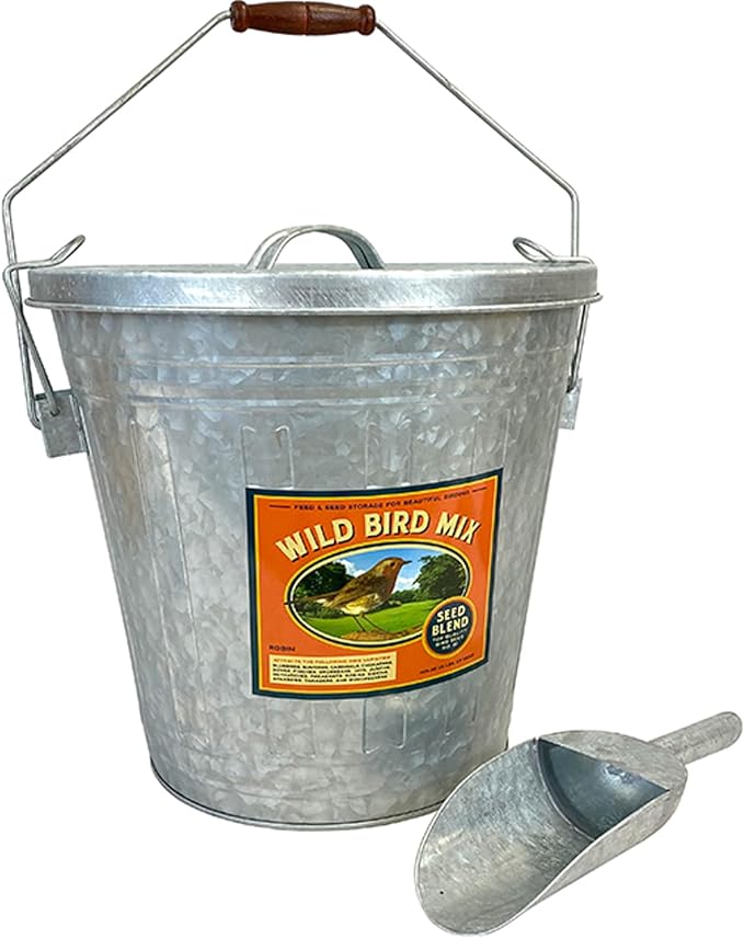 Woodlink Rustic Farmhouse Seed Container & 10 lbs. Waste Free Seed | Galvanized Metal Bird Seed Storage Bucket with Scoop & Lid | Waste-Free Wild Bird Seed Blend for Clean Feeding, 16.5 Qt Capacity