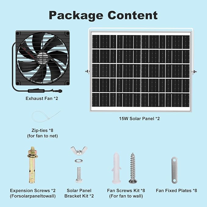 7.5" Solar Chicken Coop Fan 2 Pack, 15W x 2 Solar Powered Greenhouse Fan, Solar Exhaust & Intake Fans Outdoor Waterproof, for Outside Doghouse Shed Pet Air Circulation Ventilation Cooling