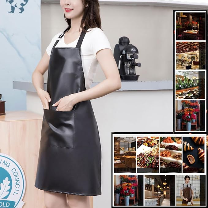 eywlwaar PU Waterproof Apron with One Big Pocket Adjustable Oil Proof Apron for Kitchen Dishwashing Cooking 29.92"x 26.77"