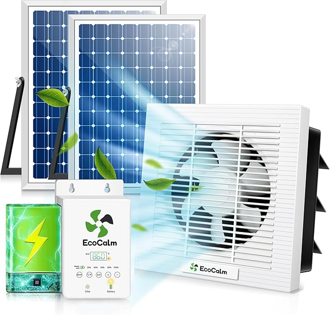 8" Solar Exhaust Fan with Battery and Adjustable Thermostat, Shutter Ventilation Fan for Greenhouse, Attic, Garage with 2PCS 15W Bifacial Solar Panels