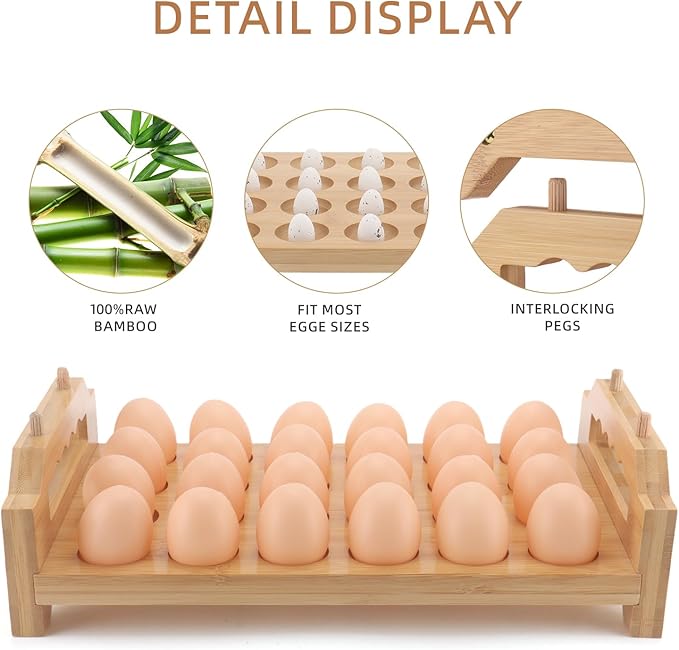 Bamboo Egg Holder 24 Pcs Eggs Rack Countertop Storage, Surface Paint & Handle Design for Kitchen Fresh Egg Holder Countertop and Fridge Egg Organizer