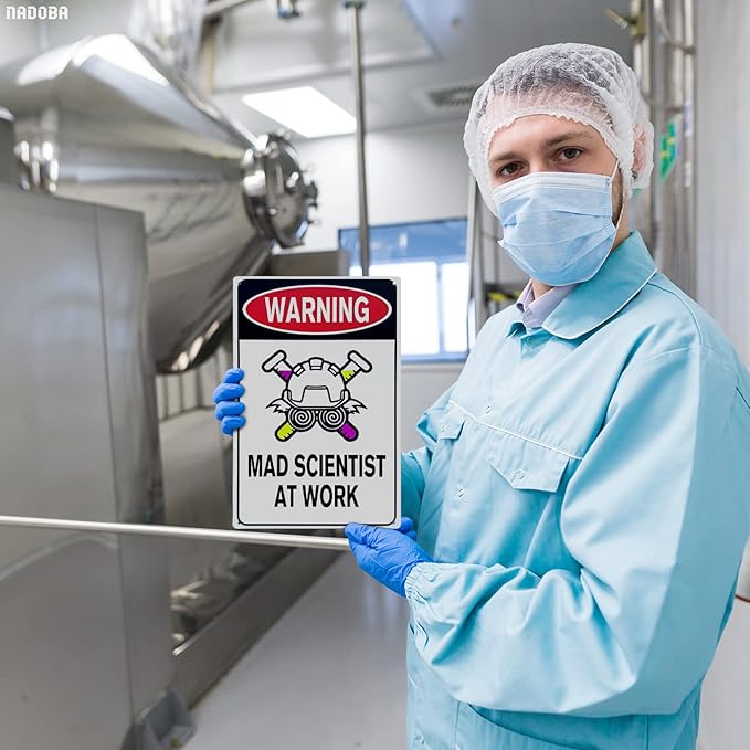 Mad Scientist Wall Decor Science Poster - 8x12" Mad Scientist At Work Warning Sign Science Gifts Mad Scientist Decor Chemistry Poster Wall Art Decor Metal Tin Sign - Aluminum Sign Science Posters