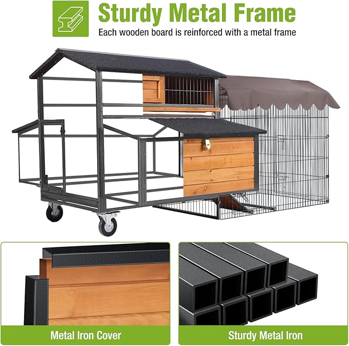 GUTINNEEN Mobile Chicken Coop Upgraded with All Arounded Metal Frame Large Hen House with Super Large Wheels for 6–8 Chickens, 6 Nesting Boxes, Metal Run, 76.7" L