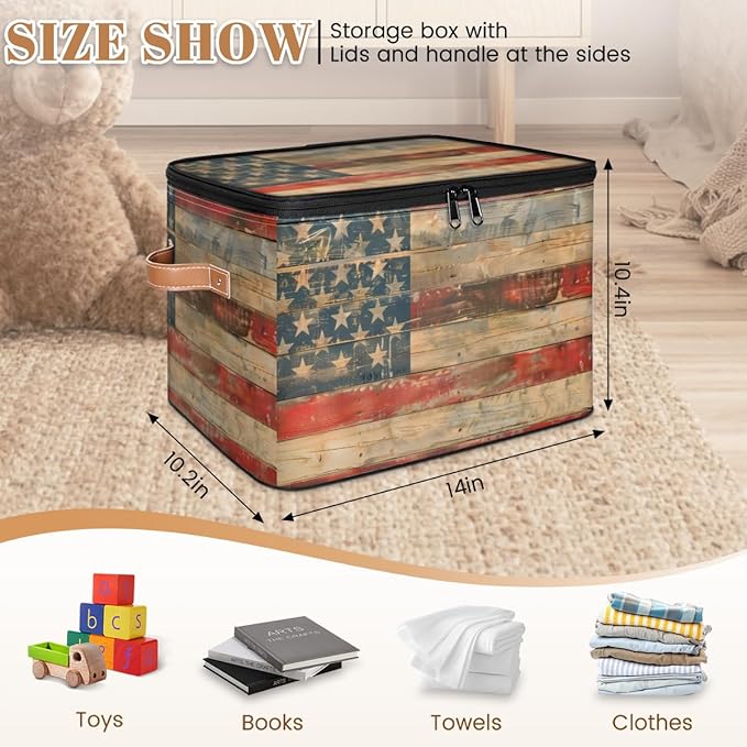 American flag Storage Bins with Zipper Lid, Vintage Wooden Lidded Storage Baskets Boxes Foldable Organizer with Leather Handles for Clothes Closet Shelf