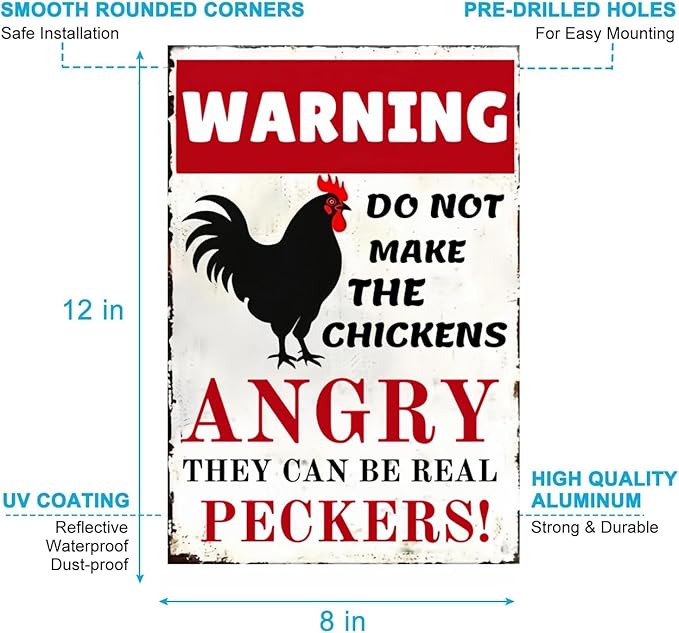 Funny Chicken Coop Sign - Vintage Metal Tin Sign for Farm, Yard or Barn, Rustic Decor, Fence or Wall, 8x12 Inch