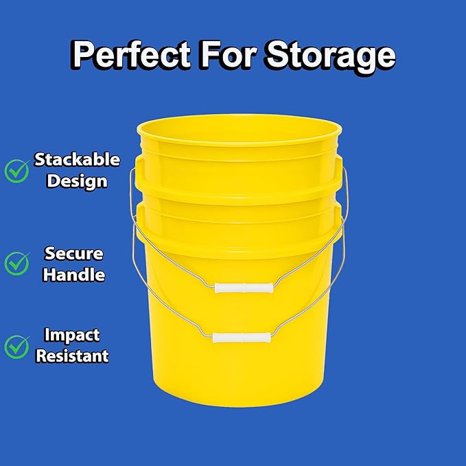 5-Gallon Bucket with Airtight Lid – Made in USA, Food Grade BPA Free Plastic, Heavy Duty Multi-Use, Metal Handle with Grip, Stackable Storage – Yellow, 6 Pack
