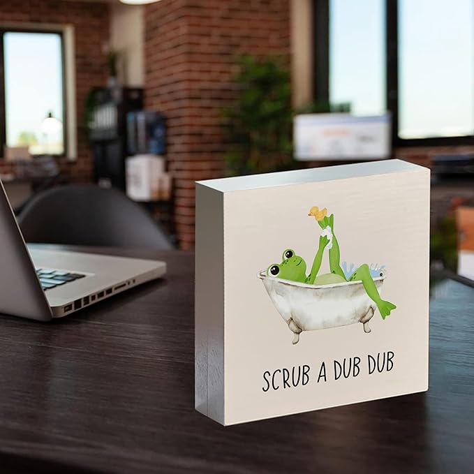 Frog Wooden Box Sign - Frog Kids Bathroom Decor, Frog Gifts, Frog Decorations for Home, Frog Home Decor, Scrub a Dub Dub Frog Wooden Box Sign for Bathroom Shelf Desk Table 5x5 Inch