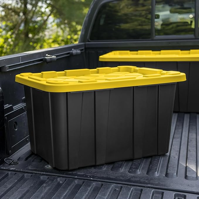 6-Pack 27-Gallon Industrial Totes - Rugged Black & Yellow Plastic Storage Bins with Secure Snap-On Lids, Stackable Design for Garage, Warehouse or Workshop Organization