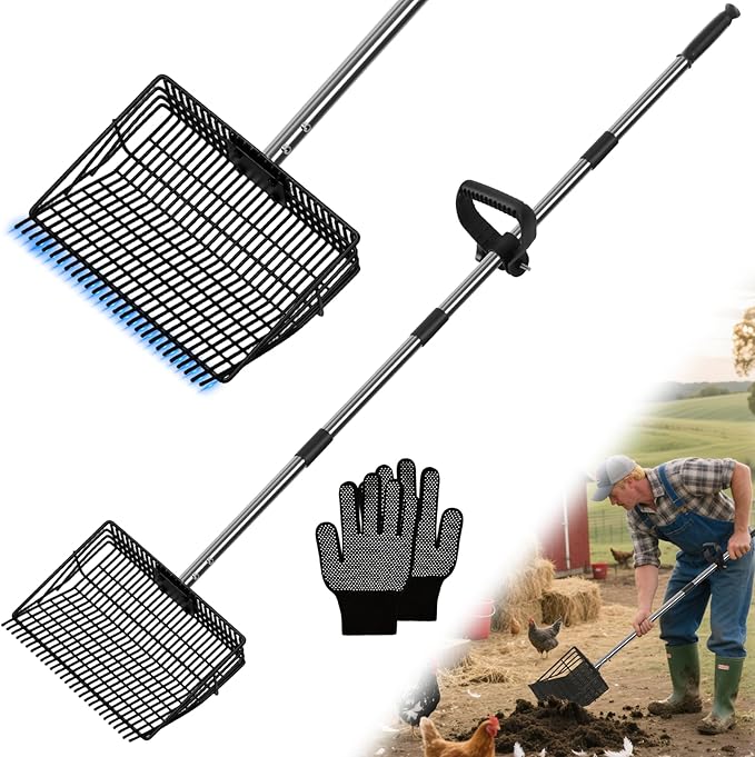2 Rake Heads Chicken Coop Scoop 2 in 1 Metal Grid Chicken Poop Scooper 37.4 to 68.9 Inch Adjustable Stainless Steel Handle with Ergonomic Grip Farm and Poultry Litter Scoop with Gloves