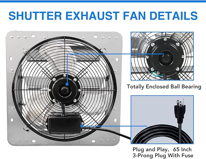 KEN BROWN 14 Inch Shutter Exhaust Fan, Gable Vent Fan, Wall Mount Ventilation, High Speed 1950 CFM, Automatic Aluminum Blades, for Garages, Shop, Greenhouse, Attic, with Power Cord