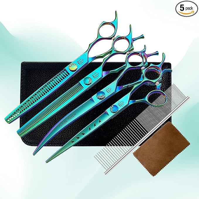 Dog Grooming Scissors: 7" Straight Pet Shears Skeletonized blade Made Of Japanese 440C for Trimming Dogs Cats and Other Pets Green (SET G, Set)