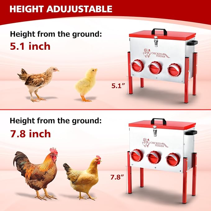 Chicken Feeder, 6 Feeding Ports, 35lbs Capacity Metal Feed Box with Handle and Feeding Lid, Automatic Chicken Feeders No Waste