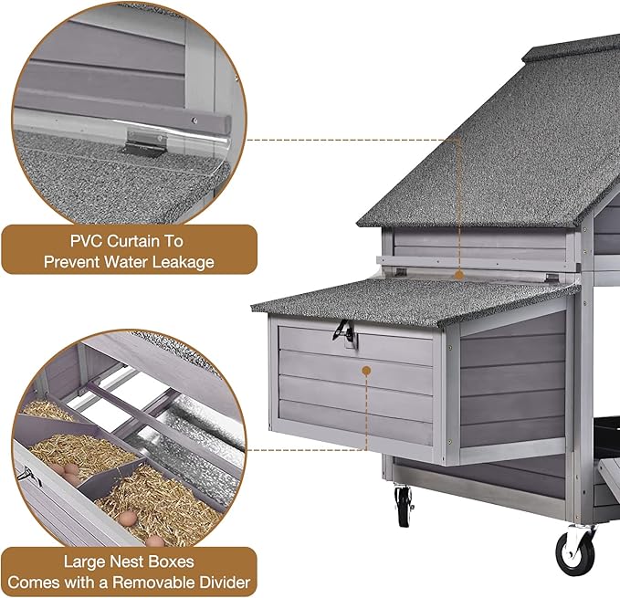 GUTINNEEN Chicken Coop Poultry Cage on Wheels Outdoor Duck Coop Wooden Hen House with Large Nesting Box, Movable