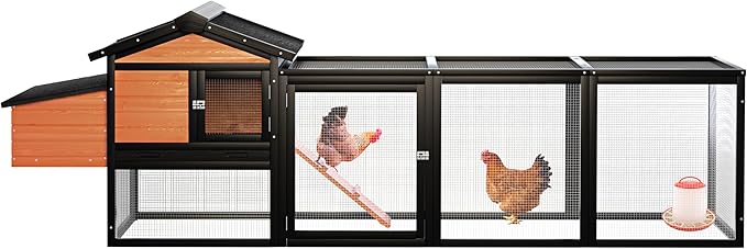 106.3" Chicken Coop, Large Wooden Chicken Coop with Run, Nesting Box and All-Weather Asphalt Roof, Outdoor Duck House Bunny Cage with Sliding Tray for Poultry, Small Animals, Black+Brown