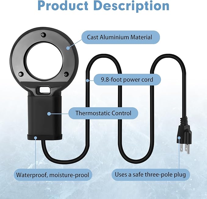 1PCS 250W Utility De-Icer Heater - Cast Aluminum Thermostatic Control for Bird Bath, Chicken Waterer & Stock 9.8FT Cord Chicken Water Heater - Safe for Livestock, Wildlife (1, 500W)