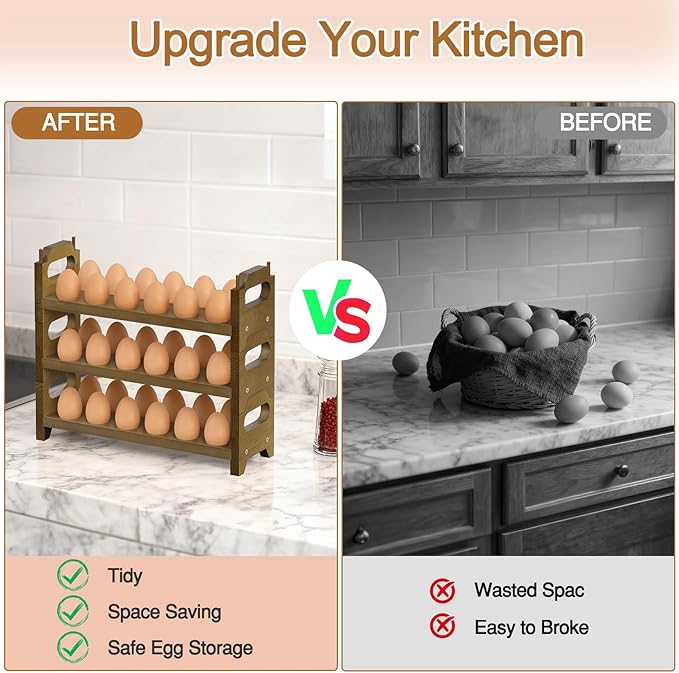 Wooden Egg Holder for Countertop, 3 Tier Egg Rack for 36 Eggs, Kitchen Counter Wood Egg Organizer Tray Racks, Fits Quail, Duck, Turkey, Chicken Eggs