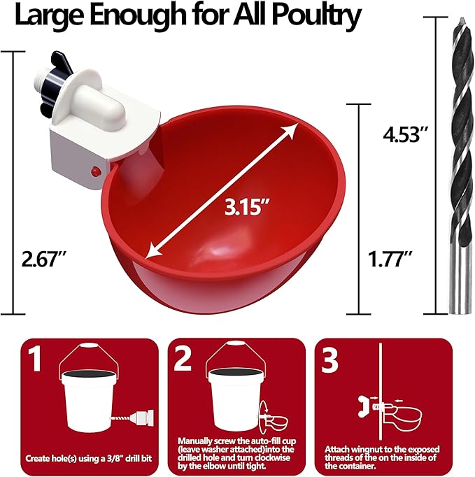 8pack Large Poultry Waterer, Professional Chicken Water Cups for Poultry LANARP Float Style Gravity Chicken Watering System, Tee Fittings Poultry Waterer Suitable, with Mounting Hole Opener (8)