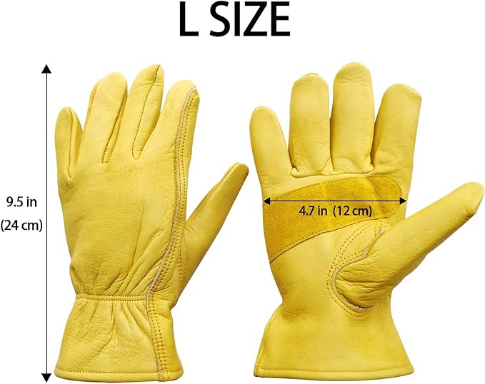Nobrand Leather Work Gloves Stretchable Wrist Tough Cowhide Safe Working Glove (3, Large)