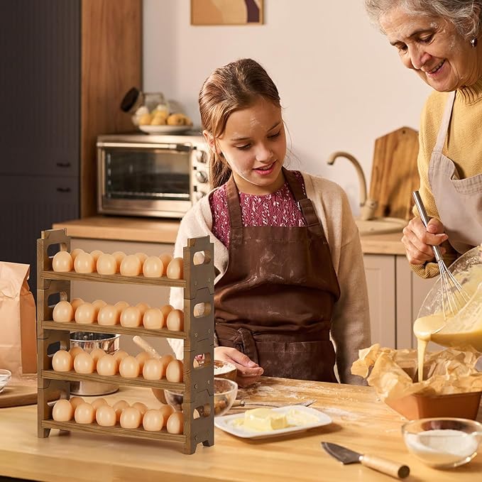 Wooden Egg Holder Countertop Fresh Chicken Egg Holders Storage for Gathering Fresh Eggs, 4-Tier Stackable with 48 Eggs, Farmhouse Home Eggs Rack Organizer Decoration
