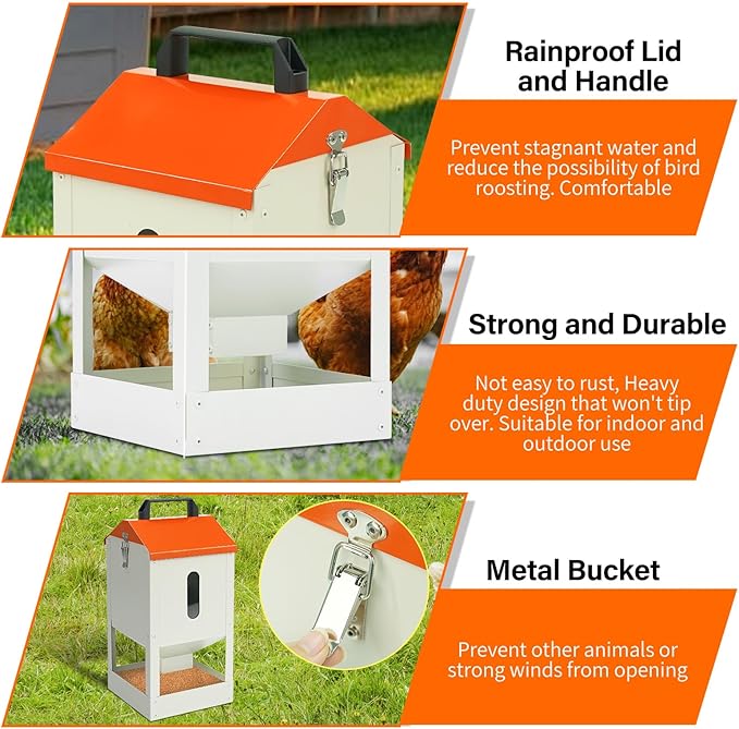 Galvanized Wall Mount Chicken Feeder No Waste Hanging Chicken Feeder with Lid Metal Automatic Poultry Feeder Trough Food Dispenser No Spill Mess Free for Chicken Duck Quail Geese Turkey