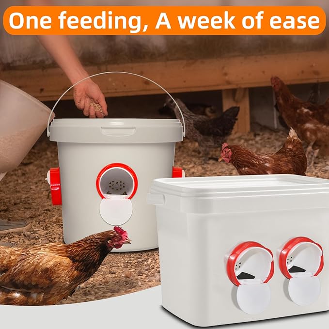 XKV Chicken Feeders Upgrade,AdjustableAutomatic Poultry Feeder with Covers,No Waste Design,Gravity Feed Kit for Buckets Barrels Bins Troughs,with 4 Chicken Feeders Ports and 1 Hole Saw