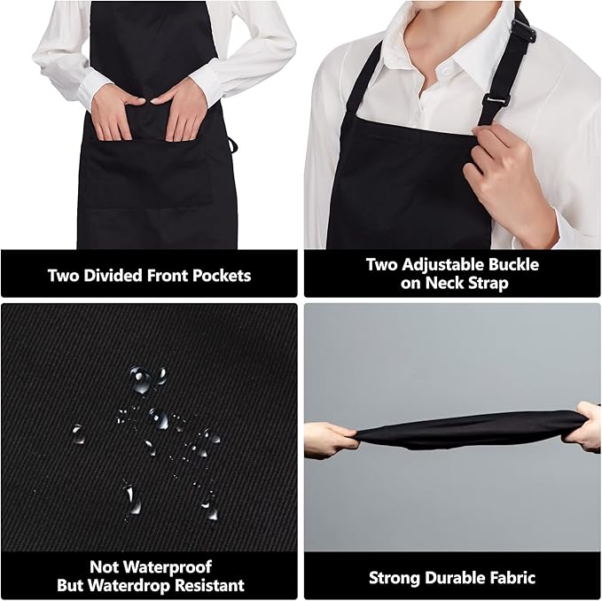 Jubatus 2 Pack 100% Cotton Aprons with 2 Pockets Cooking Chef Kitchen Adjustable Bib Apron for Women Men, Black