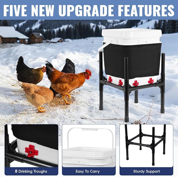 Heated Chicken Waterer 5 Gallon, Winter Chicken Waterer with Smart Thermostat, 8 Freeze-Proof Nipples, Chicken Water Heater for Winter, Easy Clean Anti-Tip Design