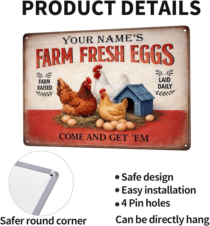 Personalized Metal Sign Farm Fresh Eggs Custom Name Rustic Wall Decor Farm Raised Laid Daily Chicken Coop Decor for Kitchen Backyard Barn Chicken Coop Gift