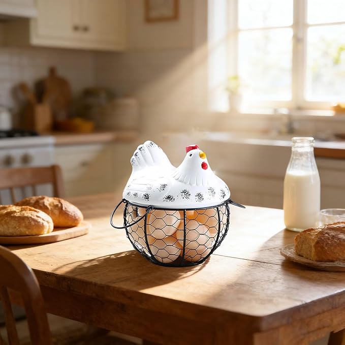 Egg Storage Organizer for Kitchen Countertop, Ceramic Chicken Lid with Wire Basket Dispenser, Black Chicken Egg Holder for Fresh Eggs, Rustics Egg Dispenser Rack for Farmhouse Decor (White)