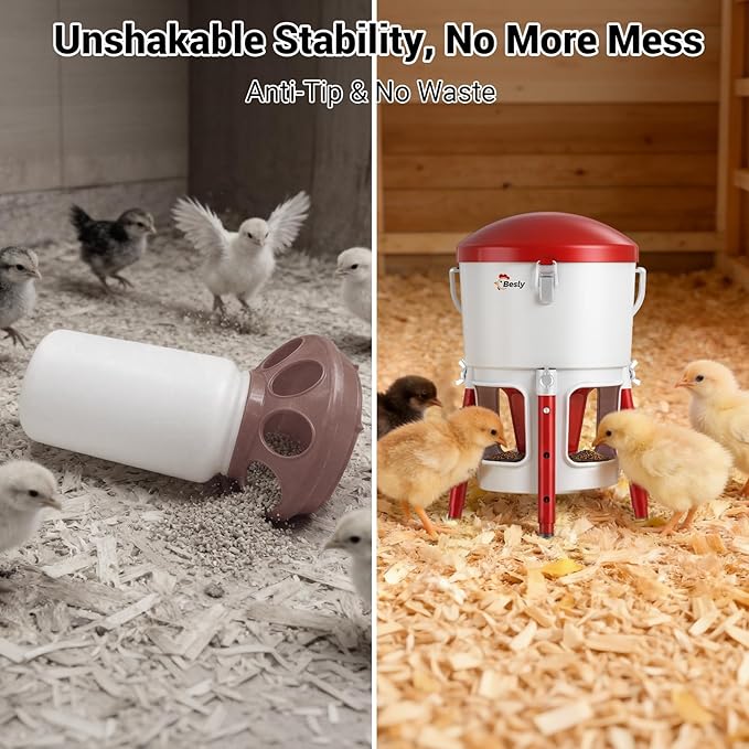 Chick Feeder with Adjustable Height,No Spill,Metal Poultry Feeder for Chicks 0-8 Weeks,30oz/2L Capacity,Tripod Stable Ground Feeder,3 Anti-Bully Ports,Easy Clean,Tool-Free Assembly