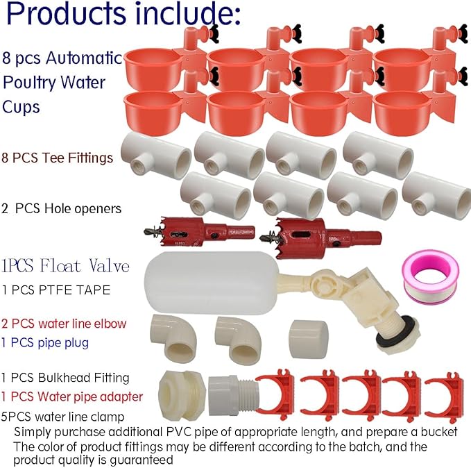 Complete Set Pipeline Automatic Chicken Nipple Waterer Cups and 1/2" PVC Tee Fittings Pipe Feeder Poultry Waterer Chicken Waterer pourtly Water Cup Durck Watering System