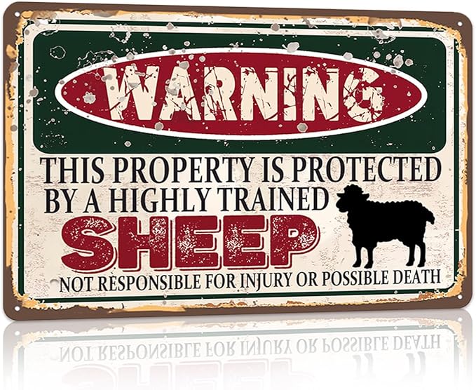 Vintage Sheep Metal Sign， Warning this property is protected bY a highly trained Sheep Sign Funny Tin Signs 12x8 Inch