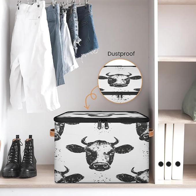Storage Cubes with Lid Fabric Storage Bins Boxes PU Leather Handles, Farm Cow Closet Organizer Container Foldable Washable Shelf Cloth Basket, Wild Animal Cow