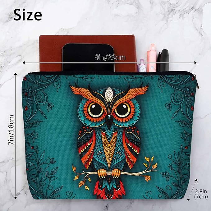 Owl Makeup Organizer Bag Cosmetic Bag For Men Women, Wild Owl Mandala Floral Blue Travel Toiletry Bag Flax Makeup Bags Purse Business Makeup Pouch For Toiletries Cosmetics