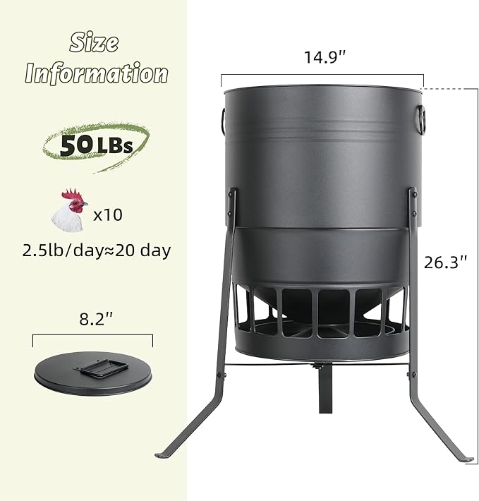 KOL Chicken Feeder No Waste for Coop & Outdoors, 16 Port 50lbs Poultry Feeder with Spill-Control Design, Rust-Proof Powder Coated Metal & Smooth Safe Edges (Black)
