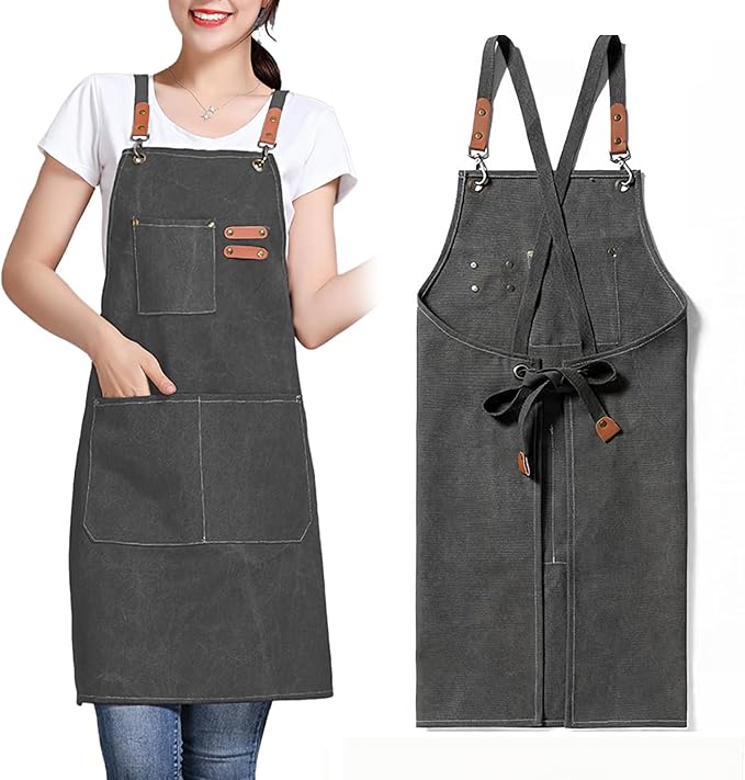 Unisex Aprons with Large Pockets,Cotton Canvas Cross Back Heavy Duty Adjustable Work Apron,Size Kids to Adult
