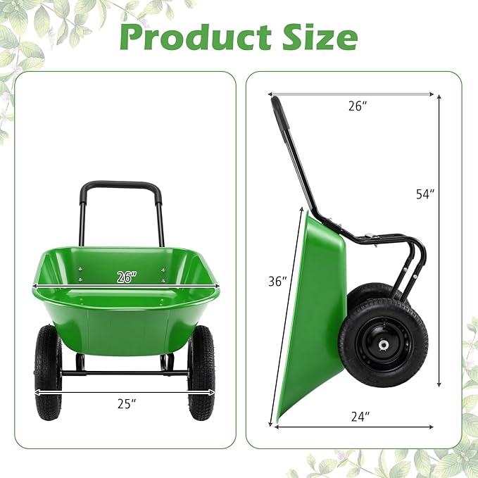 IRONMAX Dual-Wheel Wheelbarrow, Heavy Duty Wheel Barrel with All-Terrain Wheels, 330 LBS Utility Yard Cart with Built-in Stand, Outdoor Gardening Carts for Lawn, Farm, Planting (Light Green)