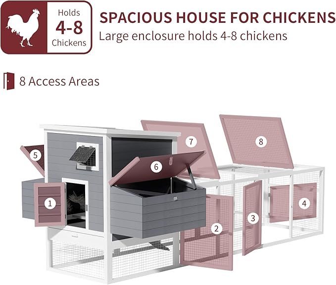117'' Large Chicken Coop for 4-8 Chickens, Wooden Hen House with Run & 4 Nesting Boxes, Outdoor Poultry Cage Rabbit Cage Duck House with Ramps & Tray, 116.5''L*59''W*46.6''H
