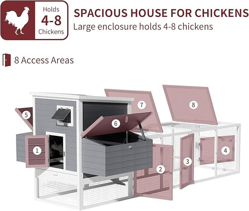 117'' Large Chicken Coop for 4-8 Chickens, Wooden Hen House with Run & 4 Nesting Boxes, Outdoor Poultry Cage Rabbit Cage Duck House with Ramps & Tray, 116.5''L*59''W*46.6''H