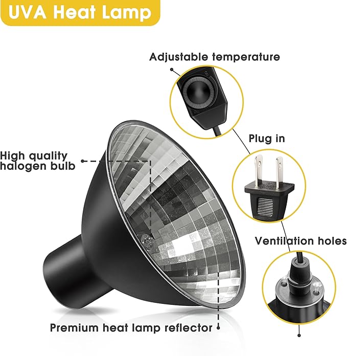 Briignite Reptile Heat Lamp 50W G9 Halogen Heat Bulb & Dome Reptile Light Fixture, Aluminum Reflector, UVA Basking Light for Reptiles, Dimmable Heat Lamp for Chicken Turtle Snake Gecko Lizard