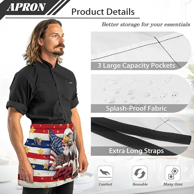 Waist Apron with 3 Pockets Waterproof 13 Inch Short Half Waist Aprons Women Men Server Aprons Waitress Waiter Apron