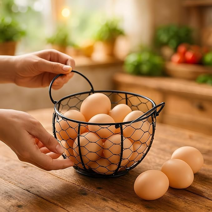 Small Black Iron Egg Basket, Farmhouse Style Countertop Holder with Ceramic Lid, Chicken Egg Storage for Kitchen, Rustic Home Decor, Keeps Up To 15 Eggs Fresh