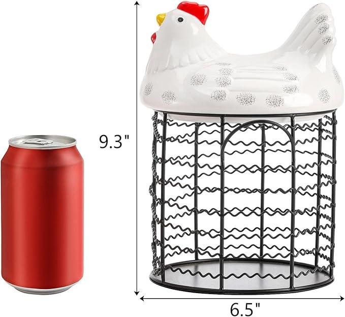 Hiceeden Metal Wire Chicken Egg Storage Basket, Decorative Fresh Egg Holder with Ceramic Chicken Design Lid, Portable Round Collectiong Basket for Kitchen Supplies, Pantry