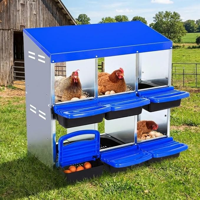 Chicken Nesting Box 6-Hole Roll Away Egg Laying Box with Lid, Galvanized Steel Rustproof Poultry Coop Box, Wall Mountable No Bracket Needed for Hens, Blue